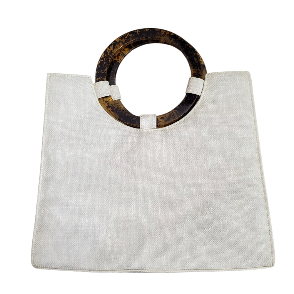 Bechamel Vintage Cream Colored Canvas Handbag with Tortoise Shell Round Handles